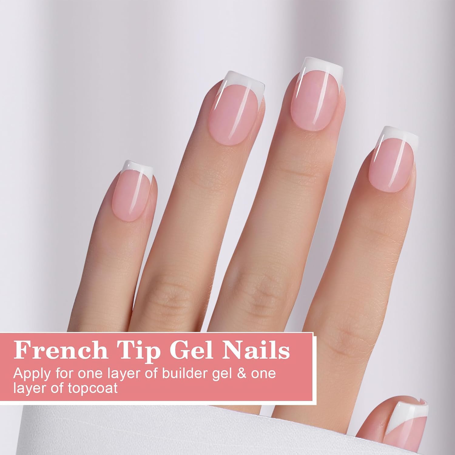 Jsiallye Pink French Tip Press on Nails, 240Pcs White French Press On Nail Short Square,Pre-Applied Primer & Top Coat,4 in 1 Gel Nail Tips,Soak off Acrylic Fake Nail Extensions 15 Size
